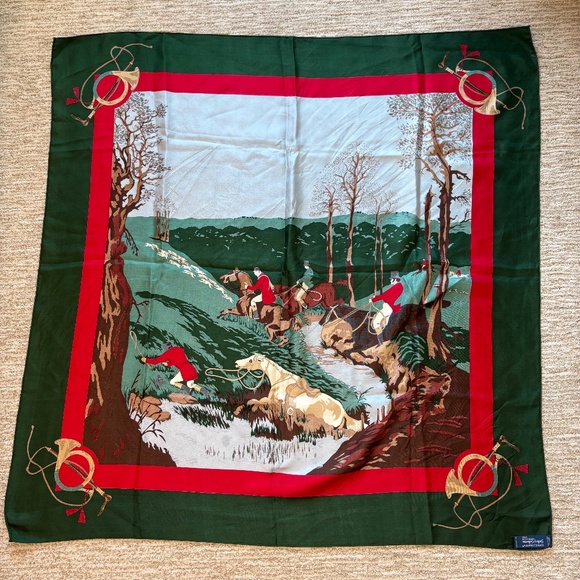 Ginnie Johansen Silk Scarf Green Gallery Horse Hunting 80s Retro Equestrian - Picture 2 of 9